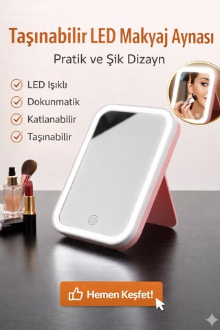 Led Işıklı Taşınabilir Makyaj Aynası Dokunmatik Kontrollü Katlanabilir Masaüstü Ayna Pembe