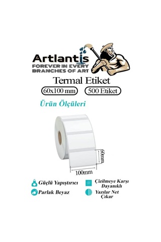 Artlantis 60x100 Mm Barkod Etiketi Yapışkanlı 6 Adet 500 Lü Barkod Yazıcılarına Uyumludur 6 Rulo
