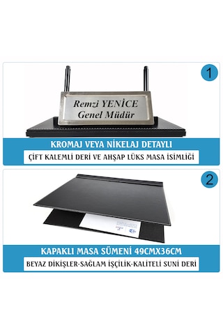 Melen Lüks Siyah Ahşap-deri Sümen Takımı Masa İsimlikli 6 Parça