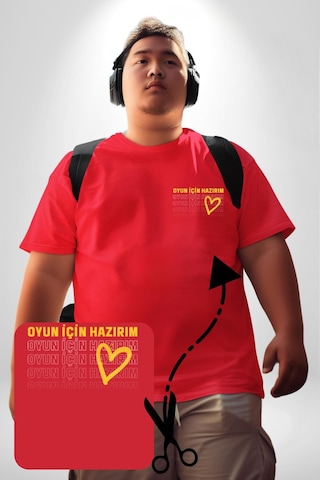 Angemiel Oyun İçin Hazırım Kalp Kırmızı Büyük Beden Kadın Basic Minimal Baskılı Tişört Kırmızı