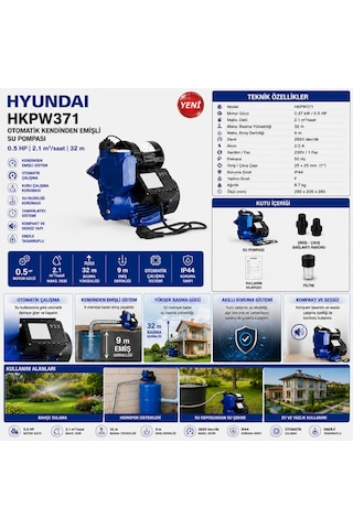 Hyundai Hkpw371 Otomatik Kendinden Emişli Su Pompası 0.5 Hp Hidrofor Bahçe Su Motoru