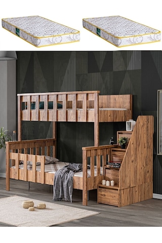Mdf Profil Ranza, Deluxe Ayrılabilir Ranza - Ceviz + 2 Adet Comfort Yatak 90 X 190 CM