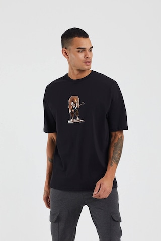 Thewert Unisex Kahverengi Saçlı Adam Baskılı Siyah Oversize Tshirt