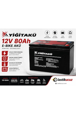 Yiğit Akü 12 Volt 80 Amper 80ah Elekrikli Bisiklet Aküsü 2026 Üretim Jel Akü Ebatlar: 224x120x181mm