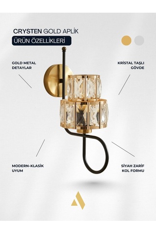 Crysten Kristal Duvar Apliği Gold & Gümüş Dekoratif Metal Duvar Lambası Alldesco Gold