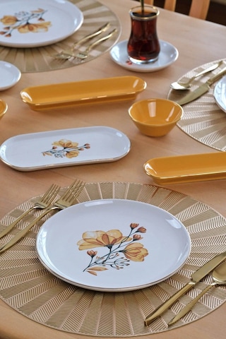 Asya Lizy Hardal Altın Yaldızlı 32 Parça 6 Kişilik Seramik Kahvaltı Takımı Desenli