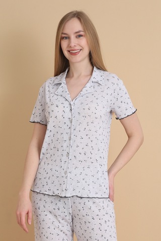 Wordex Mirano 1714 Çiçekli Pointel İnce Kumaş Düğmeli Kısa Kollu Kadın Pijama Takımı Gri