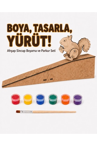 Çocuk Ahşap Hareketli Sincap Boyama Seti 6 Renk Boya, Fırça Ve Kolay Montaj Parkuru
