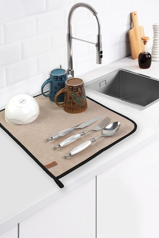 Microfiber Bulaşık Kurutma Matı 46x36 cm Kurulama Bezi Kurutma Örtüsü Tezgah Üstü Bej