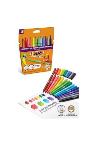 Keçeli Kalem 12 Renk 1 Paket Bic Kid Couleur 12 Li Keçeli Kalem Canlı Renkler Yıkanabilir Kaliteli Okul Öğrenci