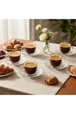 Assa Bazaar Lüks Desenli Cam Espresso / Kahve Fincanı Seti 6 Lı Beyaz