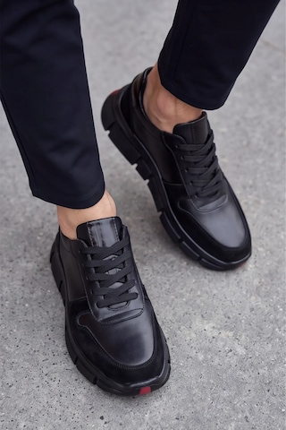 Monolithduo - Hakiki Deri Kalın Segment Tabanlı Bağcıklı Erkek Sneaker Ayakkabı, Parlatılmış Der... siyah