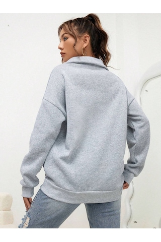 Josette Yarım Fermuarlı Kışlık Sweatshirt - Gri Oversize Dik Yaka Gri