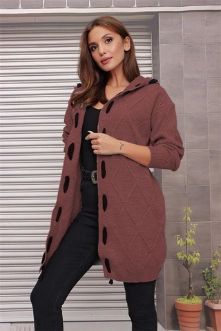 Aqe Fashion Kapüşonlu Kabartma Desenli Şerit Garnili Tarçın Hırka Tarçın