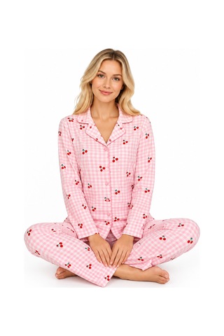 Sleeeproom Kadın Süet Düğmeli Mevsimlik Ekose Desen Pudra Pijama Takımı Pudra - Beyaz