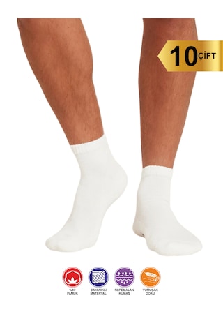10 Çift Desensiz Düz Sade Erkek Patik Pamuk Beyaz Çorap - Bilek B Beyaz