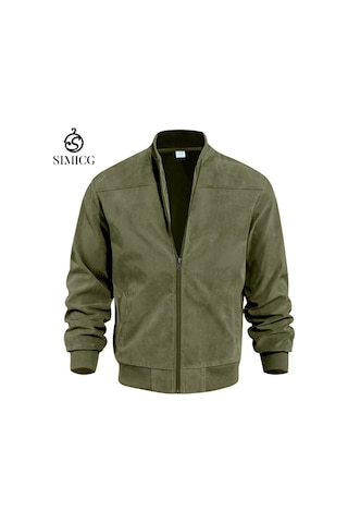 Sonbahar Süet Düz Renk Fermuarlı Hırka Vintage Uzun Kollu Erkek Ceket Yeşil