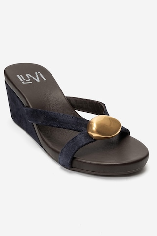 Luvi Shoes Caterına Lacivert Süet Hakiki Deri Tokalı Kadın Dolgu Topuklu Terlik
