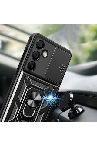 Zore Galaxy S24 Fe Uyumlu Magnetik Standlı Kamera Korumalı Msra Sürgülü Vega Kapak-siyah Siyah