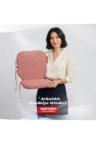 Pötikare Sırtlıklı Sandalye Minderi 42x42 Fermuarlı Yıkanabilir Kılıf Bağcıklı Minder Standart Fit Kırmızı