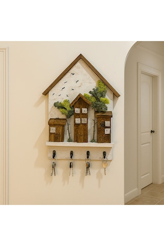 Ahşap Ev Temalı Duvar Askılığı 25x36 Cm 4 Kancalı Anahtarlık , El Yapımı Dekoratif Askı Beyaz