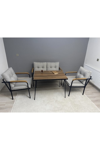 Modern Güneş Balkon, Bahçe, Cafe - Metal Kanepe Koltuk Takımı - 2+1+1 + Masa Açık Gri Modernsh28 Açık Gri