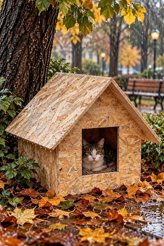Reyo Kedi Evi Dış Ortam Uygun Ahşap Kedi Yuvası Kedi Barınağı Rüzgar ve Soğuğa Dayanıklı Osb Malzeme 46 x 34 x 34 CM CAT26