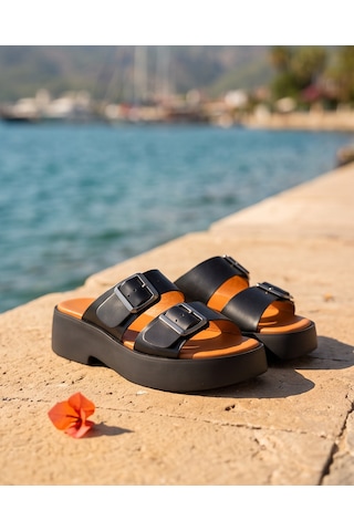 Futsishoes Colette Siyah Hakiki Deri Çift Tokalı Dolgu Taban Kadın Terlik