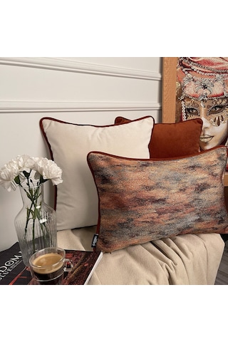 "beige" Kadife Dokulu Kırlent Kılıfı - 45x45 Krem - Kiremit