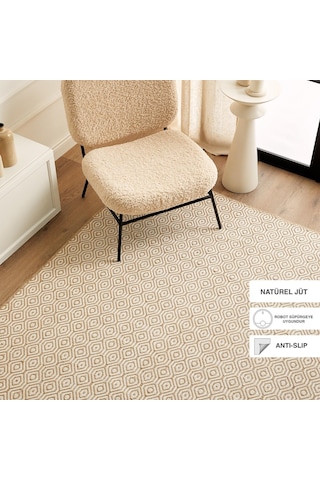 Ocean Home Textile Ekru Renk Karo Desenli Jüt Halı Kilim 160 X 230 Cm