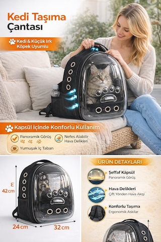Patili Astronot Şeffaf Kapılı Taşıma Sırt Çantası 24x32x42 Cm Siyah