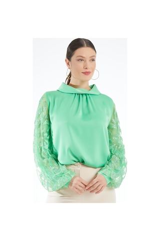 Serpil Exclusive Modern Ve Şık Kadın Bluz - Transparan Taş İşlemeli Uzun Kol - Özel Gün Ve Davetler İçin Bluz Koyu Yeşil