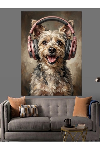 Kulaklıklı Müzik Dinleyen Şirin Köpek Dekoratif Kanvas - Mdf Ahşap Tablo