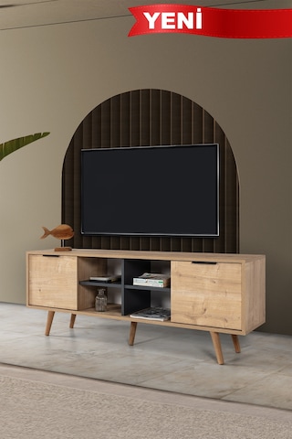 3619 Sina 160 Cm Ahşap Ayaklı , Metal Kulplu Tv Ünitesi , Safir - Antrasit , Tv Sehpası Safir - Antrasit