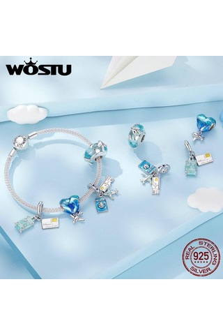 Wostu 925 Ayar Gümüş Seyahat Mavi Toprak Uçak Charms Cruise Gemisi Boncuk Sıcak Hava Balonu Kolye Fit Dıy Bilezik Kolye Gümüş