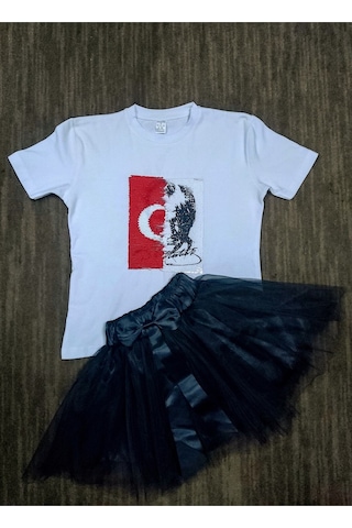 Çello Mello Kız Çocuk Çift Taraflı Tişört Atatürk Ve Türk Bayrağı Ve Hayal Tütü Tül Etek Siyah-beyaz Siyah-beyaz
