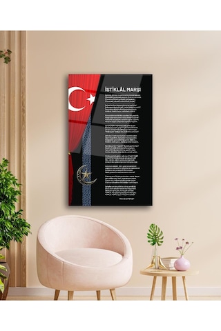 İstiklal Marşı Ve Türk Bayrağı Cam Tablo Modern Ev Ofis Salon Hediyelik Büyük Tablo Duvar Dekoru