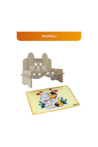 Gobypet Ahşap Özel İsim Baskılı Kulaklı Kedi Mama Su Kabı Standı