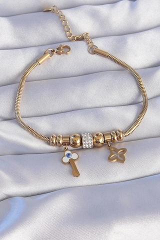 Dodes Dodes 316l Çelik Gold Renk Zirkon Taşlı Yonca Detay Nazarlı Anahtar Tasarımlı Bileklik Tg27bb6 Çok Renkli