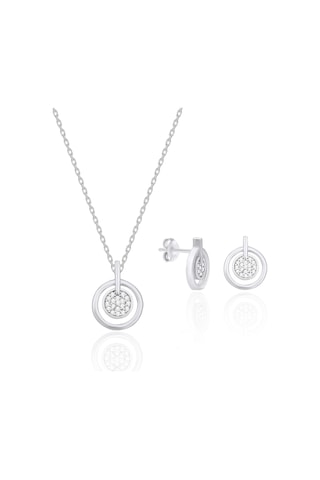 Gümüş Halka Kolye Zirkon Taşlı Rodyumlu Gümüş İkili Set St140 Rodyum