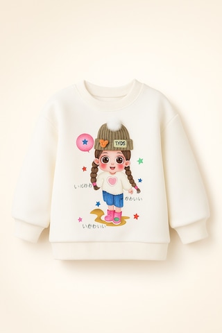 Kız Çocuk Aplike Bere Ve Düğme Detaylı Baskılı 3 İplik Şardonlu Alt Üst Takım Krem Pembe