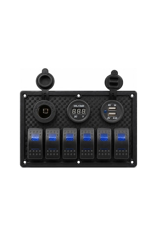 Labarka 6'lı Switch Panel USB + Çakmaklık + Voltmetre Mavi LED'li