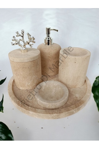 Sarı Traverten Klasik Model 5 Parça Gümüş Renk Mercan Aksesuarlı Banyo Seti Sarı Traverten
