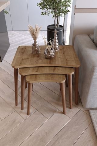 Zuesse Dizayn Reyhan 3lü Zigon Sehpa & Yan Sehpa Ahşap Ayaklı Salon Seti Çay Sehpası - Ceviz