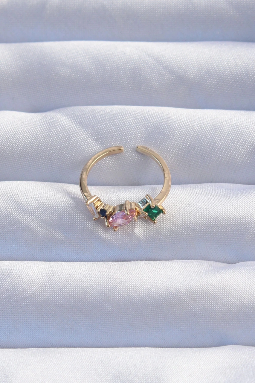 Dodes Pirinç Gold Renk Renkli Zirkon Taşlı Ayarlanabilir Yüzük Tg27byk3237 Çok Renkli