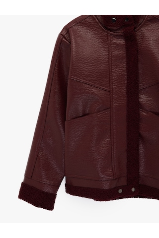 Koton Peluş Astarlı Dik Yaka Çıtçıt Düğmeli Fermuarlı Suni Deri Ceket Bordo 6wal20155ıw Bordo