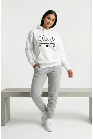 Nevermind Unisex Oversize Kalp Ritmi Baskılı Çift Hoodie Beyaz