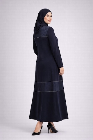 Hira Life Fashion Kadın Önü Desenli Taş Detaylı Düz Tessetür Elbise Lacivert Lacivert