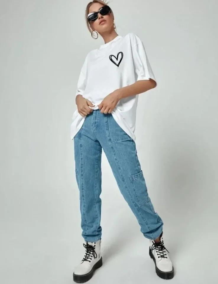 De'charme Bisiklet Yaka Baskılı Oversize T-shirt - Beyaz