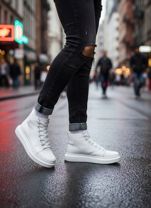 Ba0713 Bağcıklı Beyaz Yüksek Taban Erkek Tarz Spor Bot Beyaz